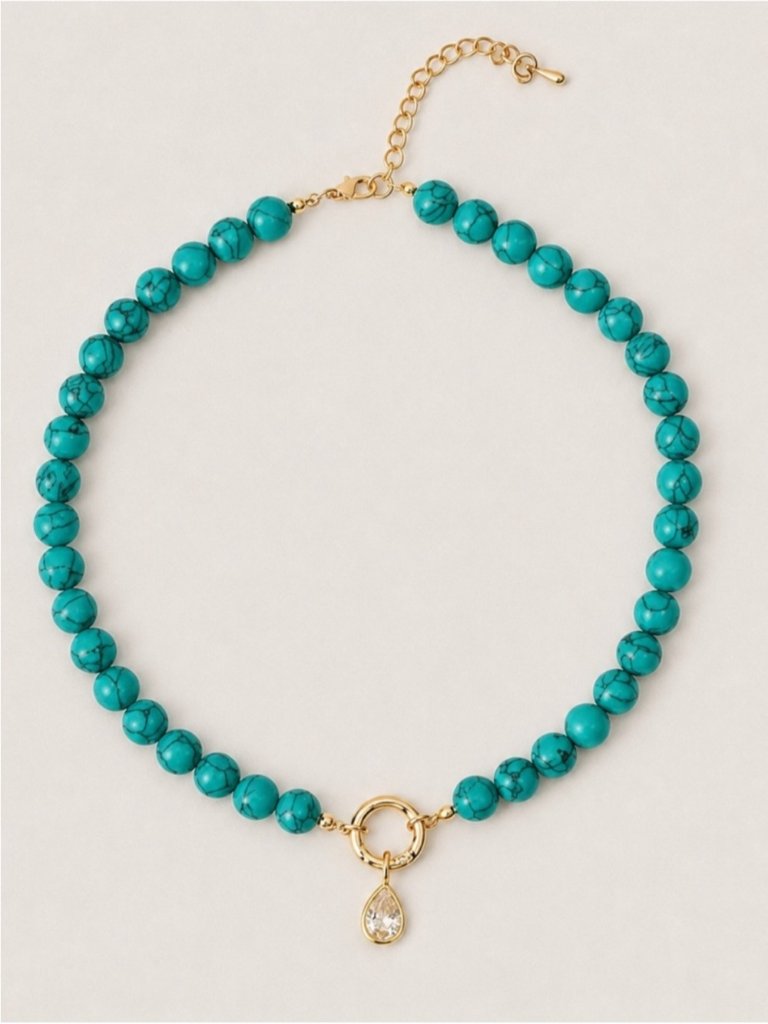 New! Colorful Turquoise Beaded Crystal Pendant Necklace Nwot 5070